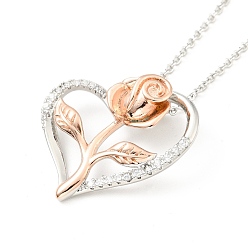 Platinum & Rose Gold Clear Cubic Zirconia Heart with Rose Pendant Necklace, Two Tone Brass Jewelry for Women, Platinum & Rose Gold, Pedants: 25x24x8.5mm, 15.94 inch(40.5cm)