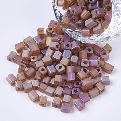 Rosy Brown 6/0 Transparent Glass Seed Beads, Frosted AB Colours, Square Hole, Cube, Rosy Brown, 6/0, 3~5x3~4x3~4mm, Hole: 1.2~1.4mm, about 4500pcs/bag