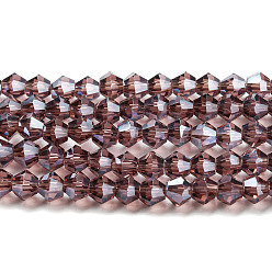 Púrpura Media Transparentes cuentas de vidrio electroplate hebras, lustre de la perla chapado, facetados, bicono, púrpura medio, 3x2.5 mm, agujero: 0.7 mm, sobre 162~185 unidades / cadena, 12.76~14.61 pulgada (32.4~37.1 cm)