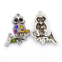 Mixed Color Alloy Bird Pendants, with Rhinestone, Owl, Antique Silver, Mixed Color, 35x25x5mm, Hole: 2mm