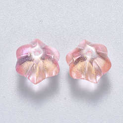 Pink Perles de verre peintes par pulvérisation transparent, avec de la poudre de paillettes, fleur, rose, 10.5x9.5x8mm, Trou: 1mm