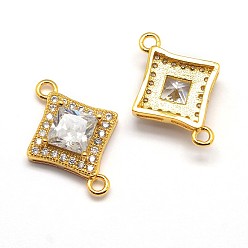 Real 18K Gold Plated CZ Brass Micro Pave Cubic Zirconia Links, Clear, Cadmium Free & Nickel Free & Lead Free, Rhombus, Real 18K Gold Plated, 15x20x5mm, Hole: 1mm