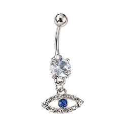 Stainless Steel Color Evil Eye Drop Belly Button Rings for Women, 316 Surgical Stainless Steel Rhinestone Navel Rings, Belly Piercing Jewelry, Light Sapphire, Stainless Steel Color, 36mm, Bar Length: 1/2"(12mm), Bar: 12 Gauge(2mm)