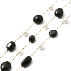 Black Agate Ion Plating(IP) 316 Surgical Stainless Steel Paperclip Chains, with Natural Black Agate Nuggets Beads and Glass Beads, Soldered, Real 18K Gold Plated, with Spool, Link: 2.5x1x0.5mm