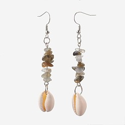 Labradorite Chip Natural Labradorite Dangle Earrings, with Cowrie Shell and Brass Earring Hooks, Platinum, 74~76.5mm, Pin: 1mm