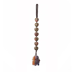 Unakita Corazón natural unakita y piedras mixtas chips borla colgante decoraciones, adorno colgante de hilo de nailon, 215~220 mm