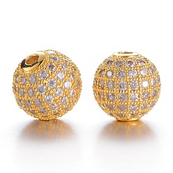 Golden CZ Brass Micro Pave Cubic Zirconia Round Beads, Golden, 10mm, Hole: 2mm