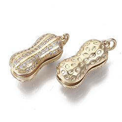 Oro Colgantes de latón micro zirconio cúbico, con perlas de imitación de plástico abs y lazo, maní, dorado, 22x9x8 mm, agujero: 3 mm, anillo de salto: 5x1 mm, perlas de plástico: 6 mm de diámetro.