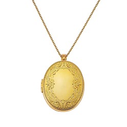 Golden Oval with Leaf Picture Locket Pendant Necklace, Brass Memorial Jewelry for Women, Golden, 17.72 inch(45cm)