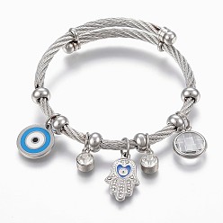Stainless Steel Color Adjustable 304 Stainless Steel Charm Bangles, with Enamel, Glass and Rhinestone, Eye, Hamsa Hand and Flat Round, Stainless Steel Color, 2-1/4 inch(5.6cm), 4~12mm