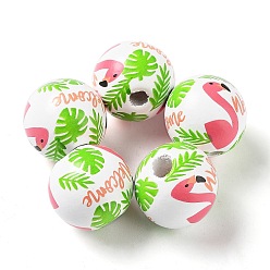 Light Coral Summer Theme Printed Wood European Beads, Large Hole Flamingo Print Round Beads, Light Coral, 16mm, Hole: 4mm