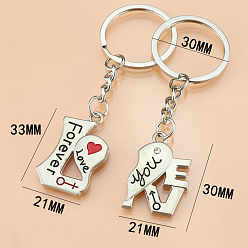 Platine Porte-clés couples en alliage, coeur et mot d'amour, platine, pendentif: 3~3.3x2.1cm