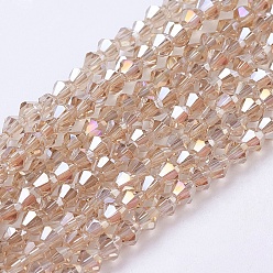 Beige Chapelets de perles en verre, de couleur plaquée ab , facette, Toupie, beige, 4x4mm, Trou: 1mm, Environ 92~96 pcs/chapelet, 13.78~14.37 pouce