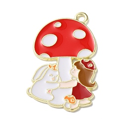 Red Zinc Alloy Pendant, with Enamel, Mushroom with Girl and Rabbit, Light Gold, Red, 30x19x1.5mm, Hole: 1.6mm