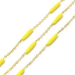 Yellow Enamel Column Link Chains, with Ion Plating(IP) Golden 304 Stainless Steel Cable Chains, Unwelded, with Spool, Yellow, 14~17x2~3mm and 1.5x2x0.5mm, about 32.81 Feet(10m)/Roll