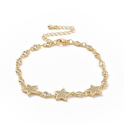 Golden Clear Cubic Zirconia Star Link Bracelet, Brass Jewelry for Women, Golden, 7-1/2 inch(19cm)