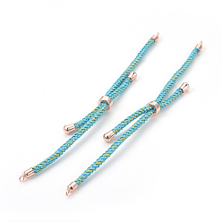 Cyan Adjustable Nylon Cord Slider Bracelet Making, with Brass Findings, Long-Lasting Plated, Real Rose Gold Plated, Cyan, 8-5/8 inch(22cm), 2~3.5mm, Hole: 1.5mm