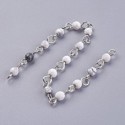 Howlite Handmade Natural Howlite Beads Chains, Unwelded, with Iron Eye Pin, Round, Faceted, Platinum, 12~12.5x4~4.5mm, about 39.37 inch(1m)/strand