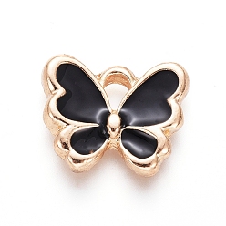 Black Light Gold Plated Alloy Charms, with Enamel, Butterfly, Black, 10.5x12.5x2.5mm, Hole: 2mm