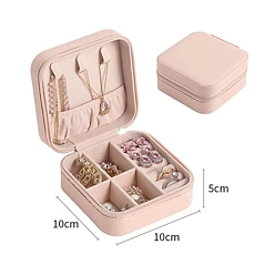 Pink Imitation Leather Jewelry Storage Zipper Boxes, Travel Portable Jewelry Organizer Case for Necklaces, Earrings, Rings, Square, Pink, 10x10x5cm