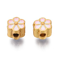 Pink Rack Plating Alloy Enamel Beads, Cadmium Free & Lead Free, Matte Gold Color, Flower, Pink, 7x7x6.5mm, Hole: 2mm