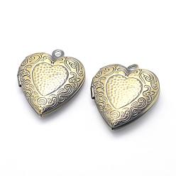 Brushed Antique Bronze Brass Locket Pendants, Photo Frame Charms for Necklaces, Cadmium Free & Nickel Free & Lead Free, Heart, Brushed Antique Bronze, 22.5x19x5.5mm, Hole: 2mm, Inner Size: 13.5x11mm