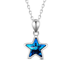 Prussian Blue SHEGRACE 925 Sterling Silver Crystal Pendant Necklace, Star, Platinum Plated, Prussian Blue, 17.72 inch(45cm)