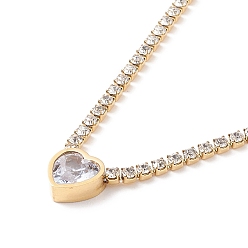 Golden Crystal Rhinestone Heart Pendant Necklace with Tennis Chains, Ion Plating(IP) 304 Stainless Steel Jewelry for Women, Golden, 15.94 inch(40.5cm)