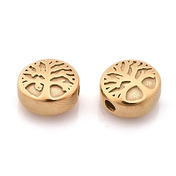 Golden 304 Stainless Steel Beads, Flat Round with Tree of Life, Golden, 10x5.5mm, Hole: 2mm