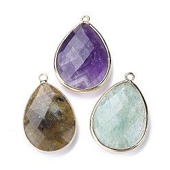 Mixed Stone Faceted Natural Gemstone Pendants, with Light Gold Plated Brass Edge and Loop, Teardrop, 28.5~29.5x19~20x7mm, Hole: 1.2mm