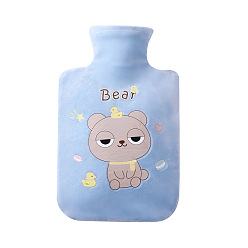 Bear PVC Hot Water Bottles with with Soft Fluffy Cover, Hot Water Bag, Light Sky Blue, Bear Pattern, 200x125mm, Capacity: 500ml(16.91 fl. oz)