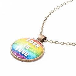 Word Rainbow Pride Necklace, Love is Love Word Flat Round Pendant Necklace for Men Women, Antique Bronze, Word, 20.08 inch(51cm) 
