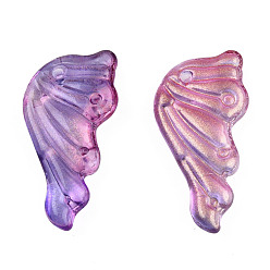Pourpre Moyen Pulvérisation peint pendentifs en verre transparent, avec de la poudre de paillettes, ailes de papillon, support violet, 24x12.5x4mm, Trou: 1.4mm
