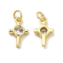 Golden Brass Micro Pave Cubic Zirconia Charms, Religion Cross Charm, with Jump Ring, Golden, 14x8.5x3mm, Hole: 3.3mm
