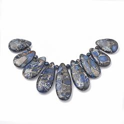Bleu Acier Ligne de perles de jaspe impérial en or synthétique, pendentifs éventails gradués, perles focales, larme, teint, bleu acier, 24~45x15~16x6~7mm, Trou: 1.5mm, 9 pièces / kit, 5.31 pouce