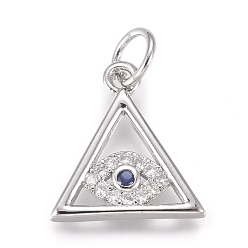 Platinum Brass Micro Pave Cubic Zirconia Pendants, with Jump Ring, Triangle with Evil Eye, Clear, Platinum, 13x12x2mm, Hole: 2.4mm