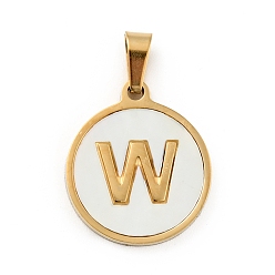 Letter W Vacuum Plating 304 Stainless Steel with White Shell Pendants, Golden, Flat Round with Letter Charm, Letter.W, 18x16x1.5mm, Hole: 3x6mm