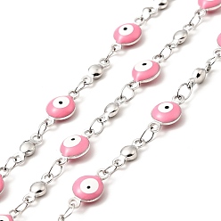 Hot Pink Enamel Flat Round with Evil Eye Link Chains, with Stainless Steel Color Plated 304 Stainless Steel Findings, Unwelded, with Spool, Hot Pink, 11x6x3mm, 8x3x2mm
