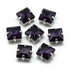 Púrpura Cose en el rhinestone, Enlaces multifilares, diamantes de imitación de cristal, con ajustes de puntas de latón, accesorios de prendas de vestir, facetados, plaza, Platino, púrpura, 8x8x5.5 mm, agujero: 0.8~1 mm