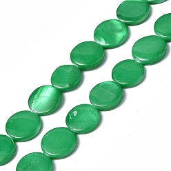 Green Spray Painted Natural Freshwater Shell Beads Strands, Flat Round, Green, 12.5x3mm, Hole: 1mm, about 32pcs/strand, 15.63 inch(39.7cm)