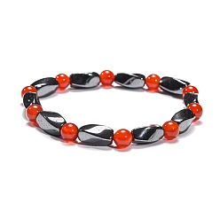 Carnelian Round Natural Carnelian(Dyed & Heated) Stretch Bracelets, with Non-Magnetic Synthetic Hematite Beads and Elastic Cord, 50mm