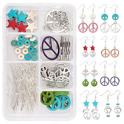 Mixed Color SUNNYCLUE DIY Peace Theme Earring Making Kits, Including Peace Sign & Star & Rondelle Synthetic Turquoise Beads, Alloy Pendants, Iron Pin Findings, Brass Earring Hooks, Mixed Color, Total: 104pcs/box