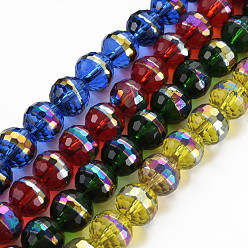 Mixed Color Electroplate Transparent Glass Beads Strands, Rainbow Color Plated, Faceted, Round, Mixed Color, 10x9.5mm, Hole: 1.4mm, about 39~40pcs/strand, 14.17 inch~14.57 inch(36~37cm)