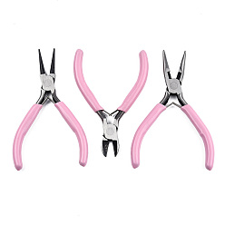 Pearl Pink Steel Pliers Set, with Plastic Handles, including Side Cutter Pliers, Round Nose Plier, Needle Nose Wire Cutter Plier, Pearl Pink, 113~126x48~52x6~10mm, 3pcs/set