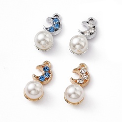 Mixed Color Alloy Rhinestone Pendants, with ABS Imitation Pearl Beads, Moon Charm, Platinum & Golden, Mixed Color, 19x8x8.5mm, Hole: 1.4mm