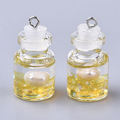Gold Glass Bottle Pendants, with Resin & Pearl & Iron Findings, Platinum, Gold, 28~29x15mm, Hole: 2mm