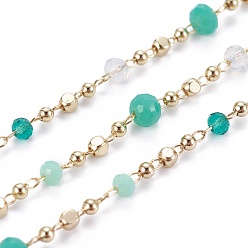 Medium Turquoise Handmade Glass Beaded Chains, Soldered, with Brass Chains and Beads, Long-Lasting Plated, with Spool, Faceted Rondelle, Real 18K Gold Plated, Medium Turquoise, 1.5x1.5x1.5mm, about 32.8 Feet(10m)/roll