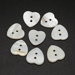 White 2-Hole Heart Shell Buttons, White, 12x12x2mm, Hole: 1.5mm