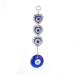 Antique Silver & Platinum Handmade Lampwork & Resin Evil Eye Pendant Decorations, with CCB Plastic Finding, Iron Ring and Chain, Heart & Flat Round, Antique Silver & Platinum, 225mm, Hole: 14x10mm