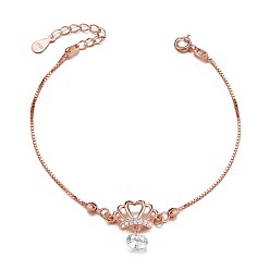 Rose Gold SHEGRACE 925 Sterling Silver Charm Bracelets, with Micro Pave AAA Cubic Zirconia Crown, AAA Cubic Zirconia Pendant, Rose Gold, 6-1/4 inch(160mm)